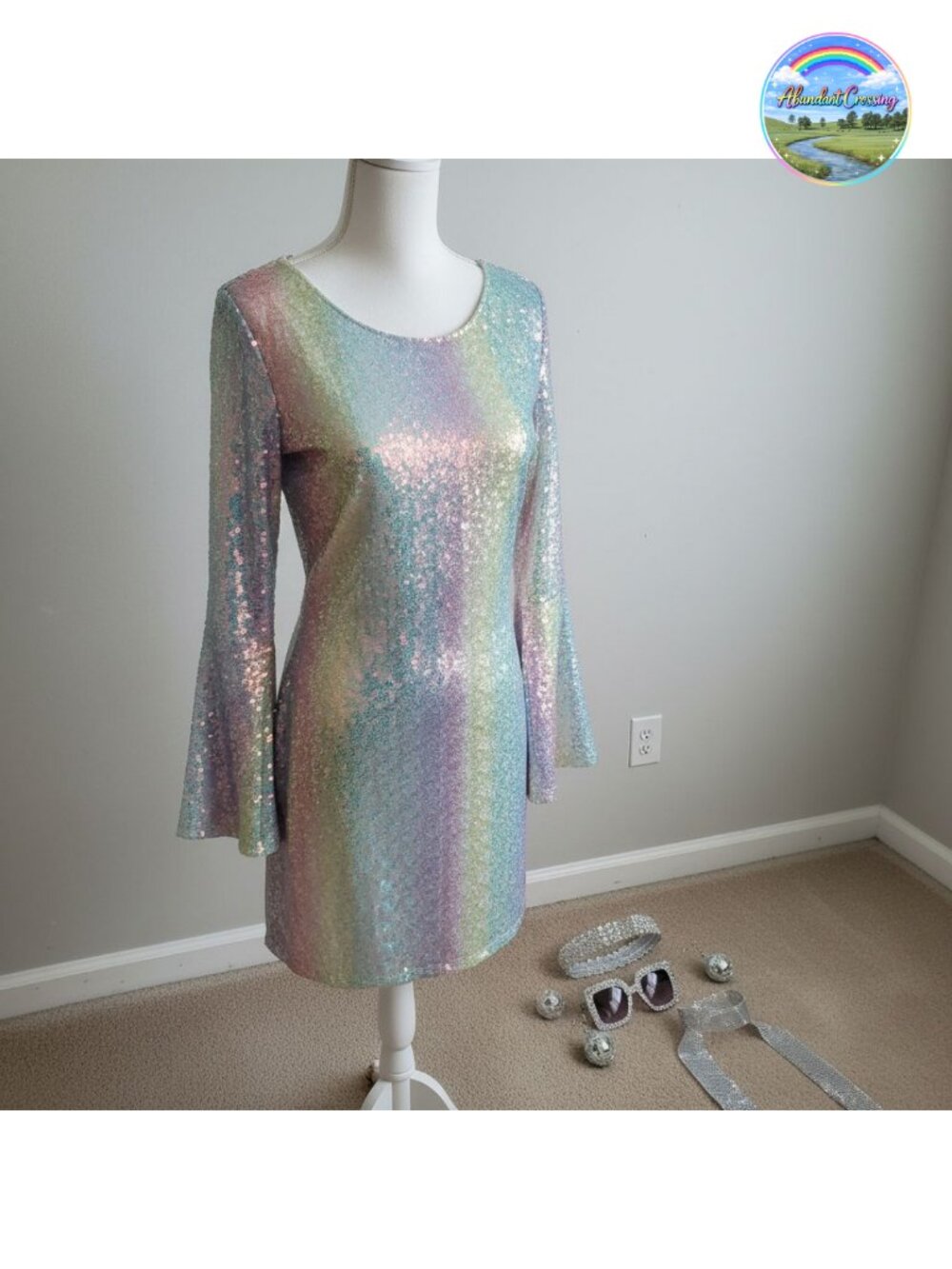 70s Disco Costume Shiny Long Flared Sleeve Mini Dress with Headband Scarf